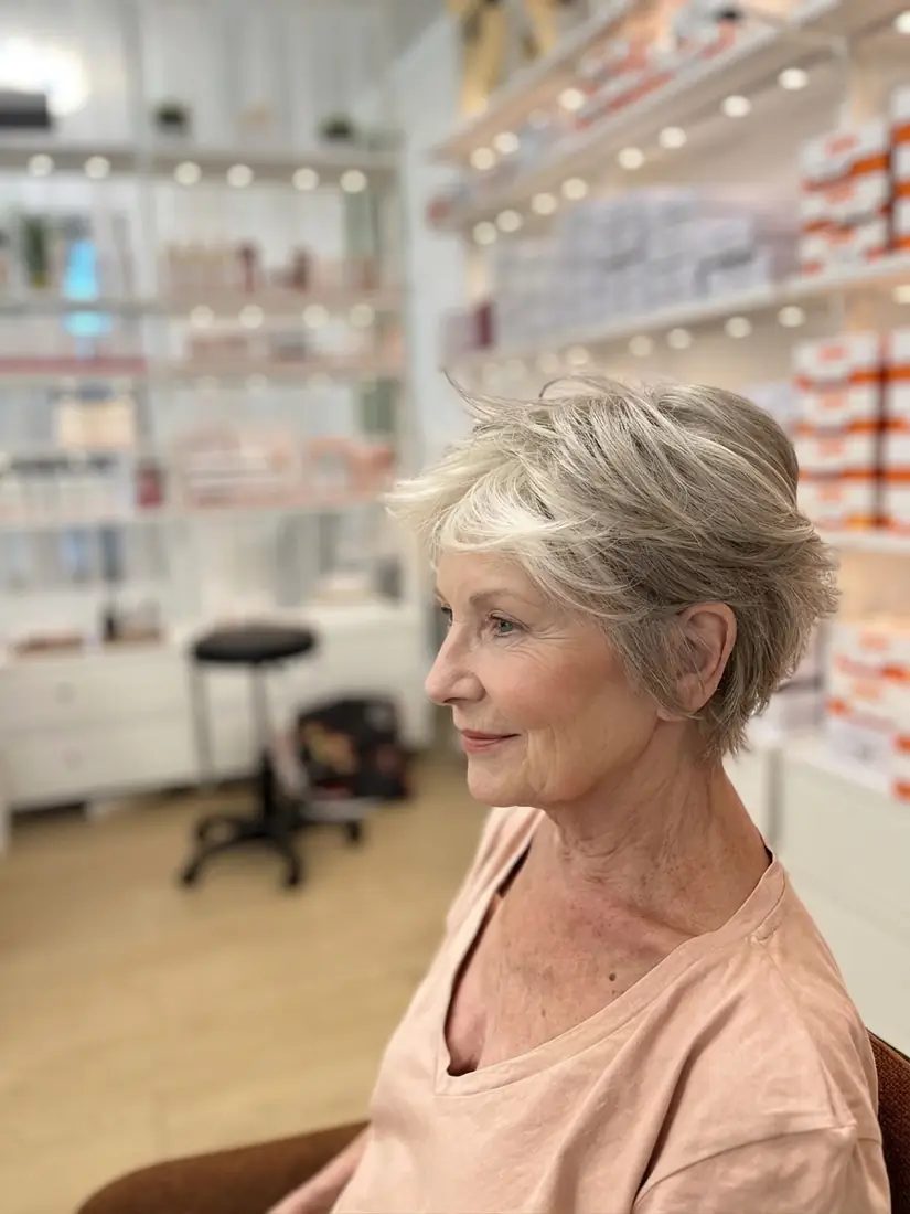 Perruque courte naturelle femme Montpellier Patiente portant une perruque courte grise au rendu naturel, choisie chez Essentiel Santé Montpellier